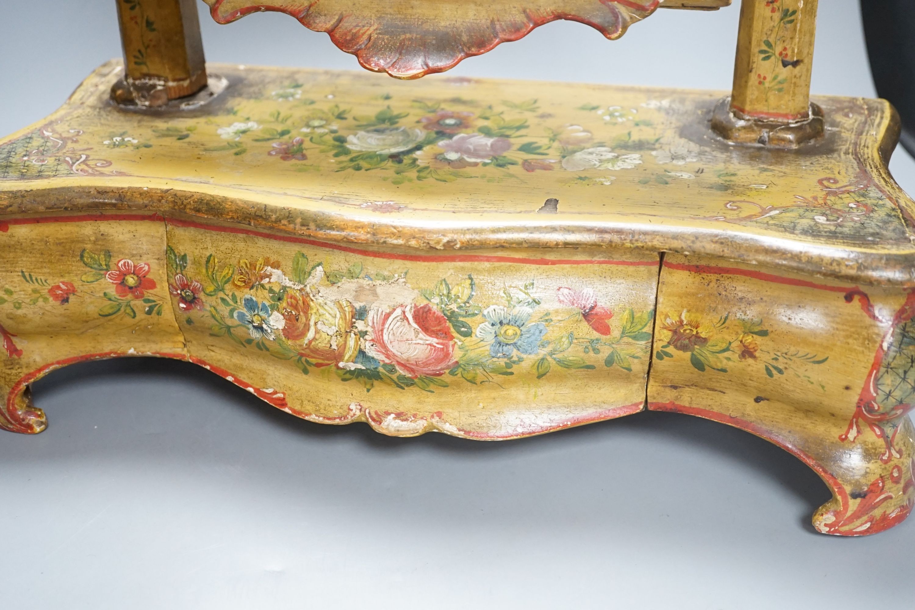 A yellow painted floral French toilet mirror - 55cm tall